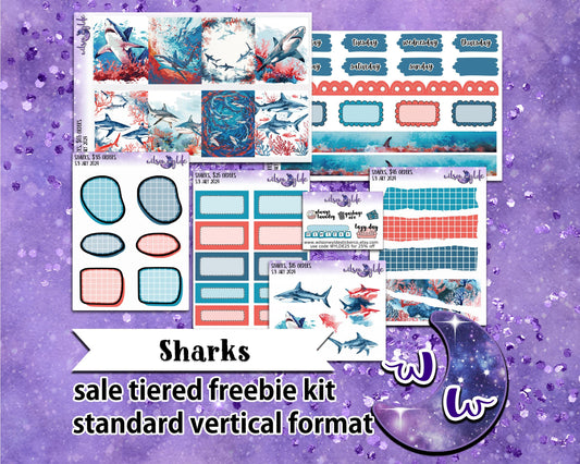 Sharks, tiered freebie kit, standard vertical format. 7 planner sticker sheets, includes deco, full and appointment boxes.