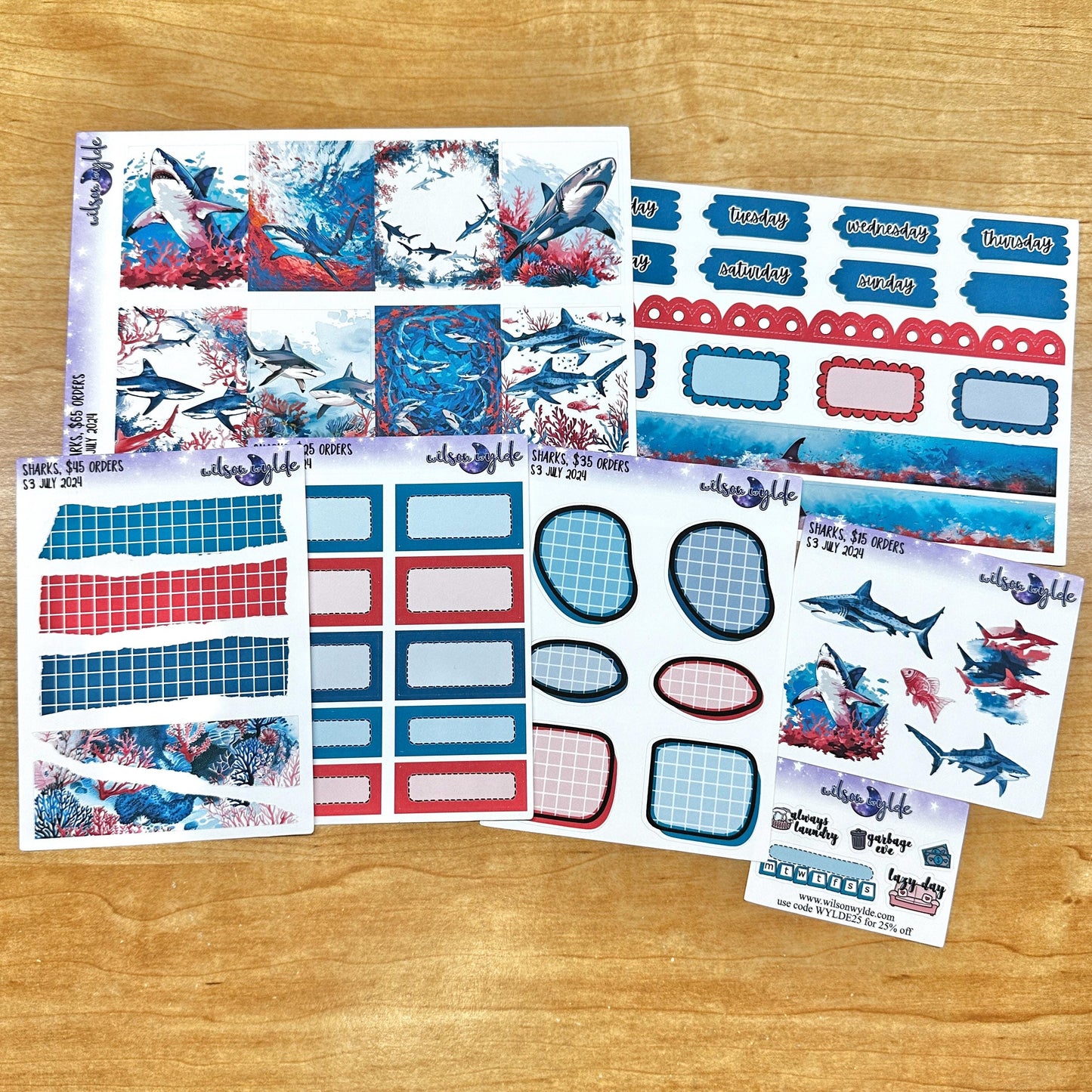 Sharks, tiered freebie kit, standard vertical format. 7 planner sticker sheets, includes deco, full and appointment boxes.