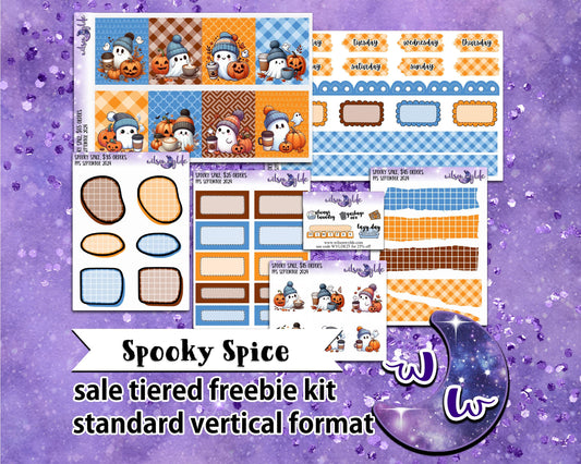 Spooky Spice, tiered freebie kit, standard vertical format. 7 planner sticker sheets, includes deco, full and appointment boxes.