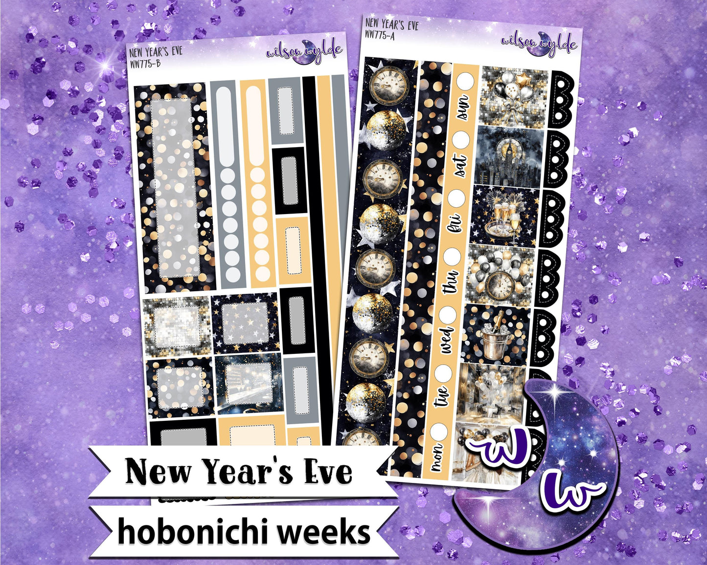 New Year's Eve weekly sticker kit, HOBONICHI WEEKS format, a la carte and bundle options. WW775