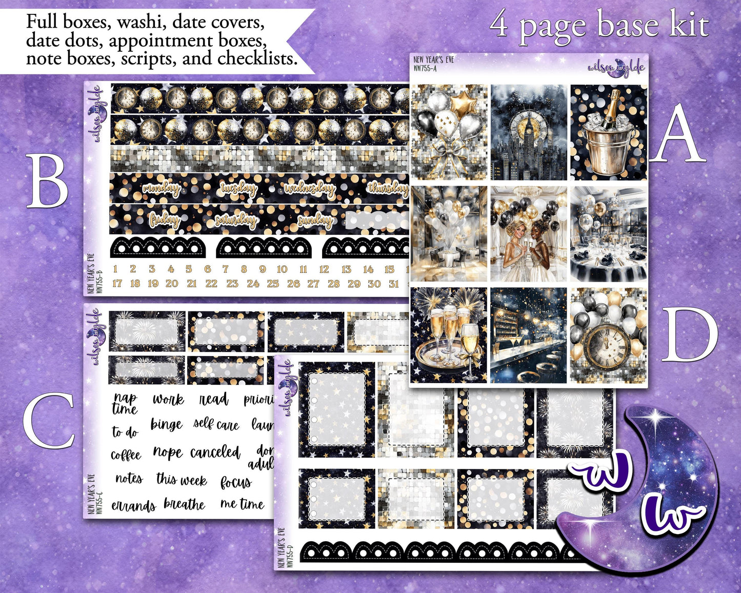 New Year's Eve weekly sticker kit, STANDARD VERTICAL format, a la carte and bundle options. WW775