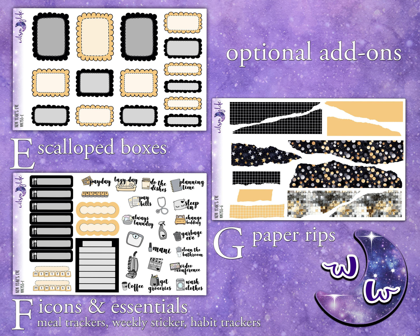 New Year's Eve weekly sticker kit, STANDARD VERTICAL format, a la carte and bundle options. WW775