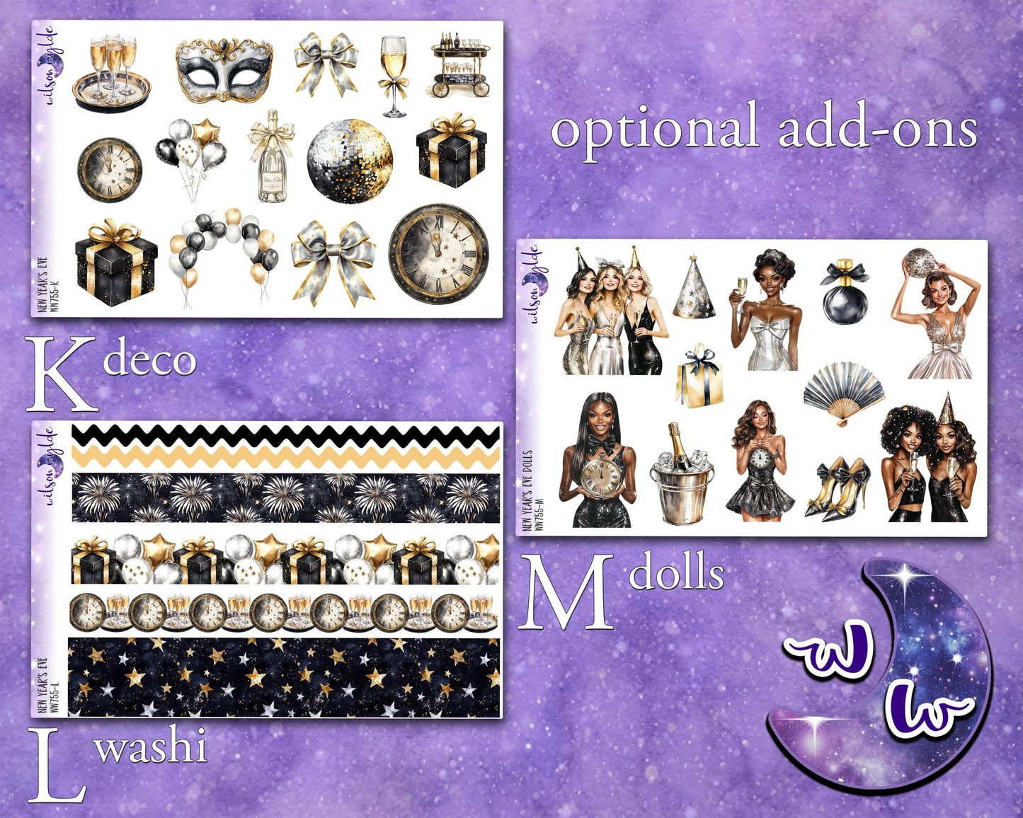 New Year's Eve weekly sticker kit, STANDARD VERTICAL format, a la carte and bundle options. WW775