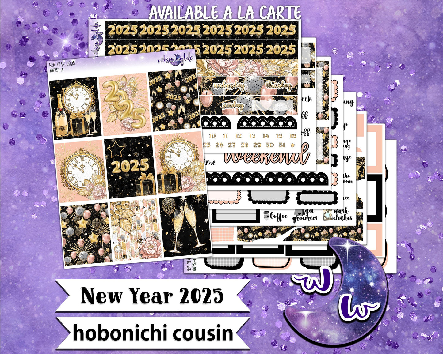 New Year 2025 weekly sticker kit, HOBONICHI COUSIN format, a la carte and bundle options. WW751