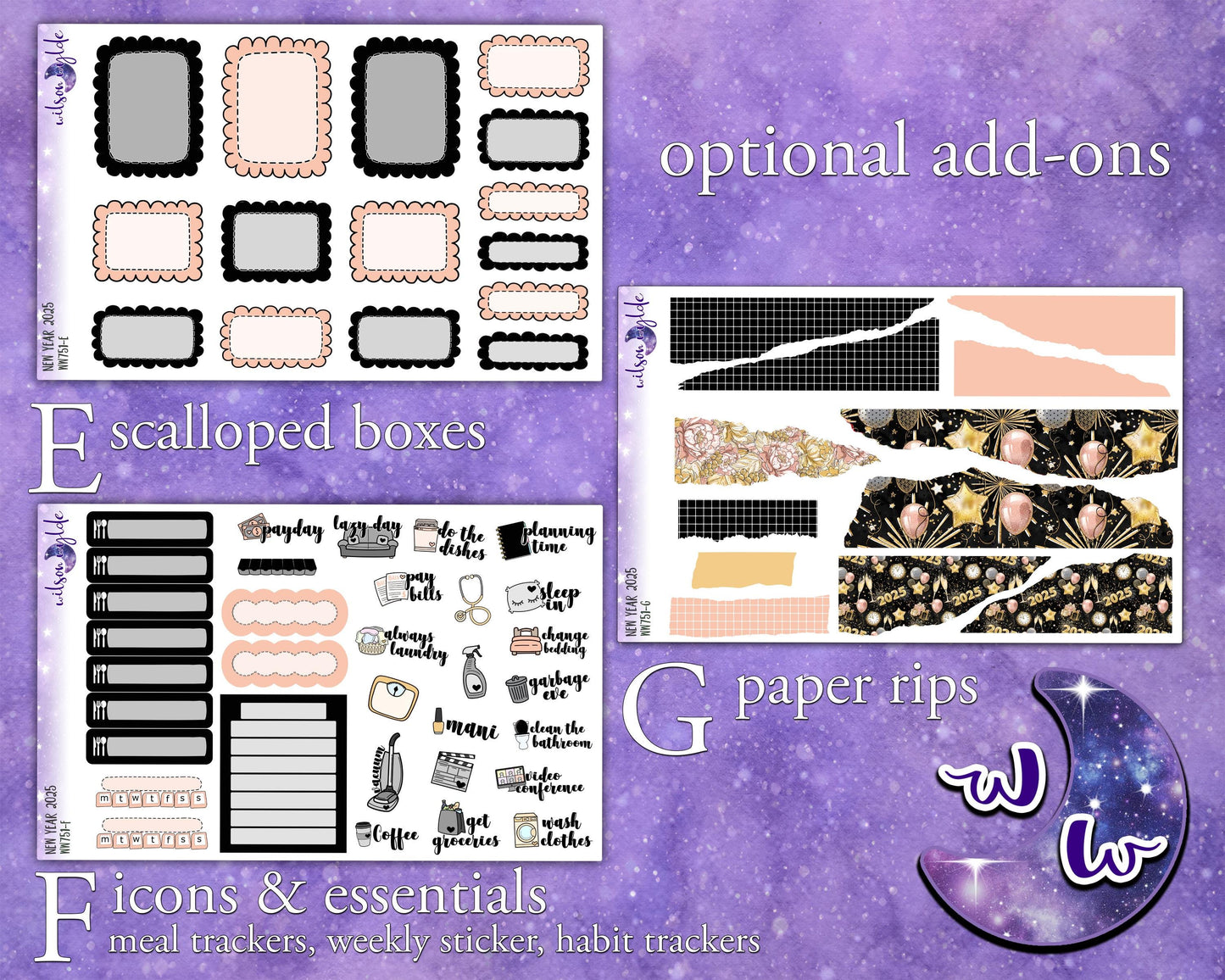 New Year 2025 weekly sticker kit, STANDARD VERTICAL format, a la carte and bundle options. WW751