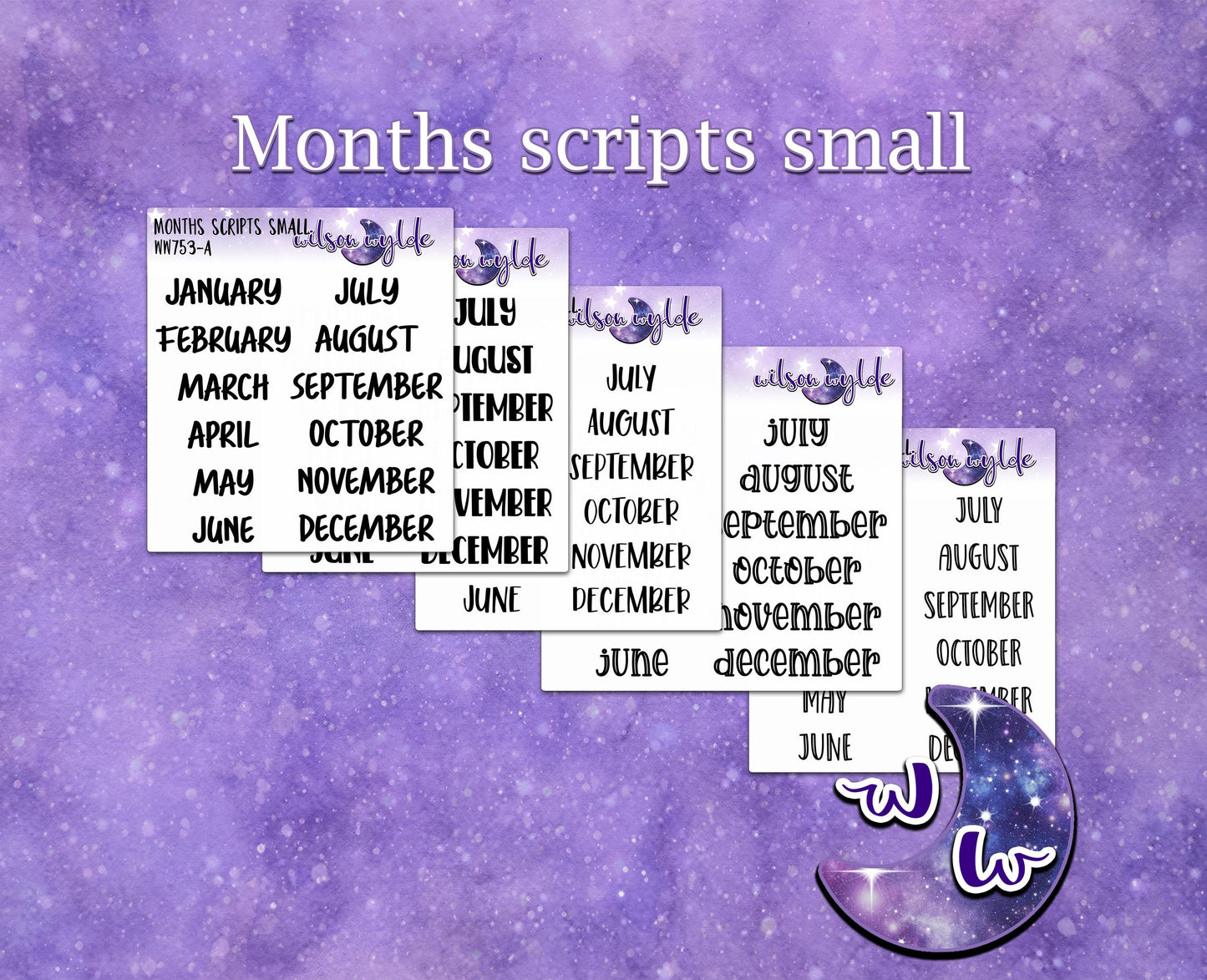 Months scripts small, monthly labels for calendars and monthly spreads, planner stickers, WW753