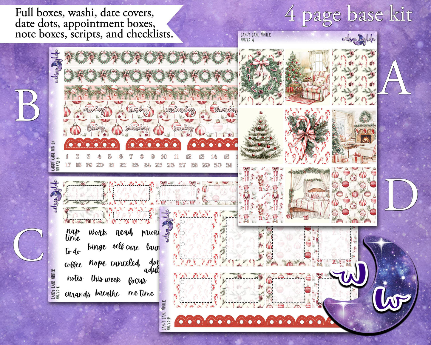 Candy Cane Winter weekly sticker kit, STANDARD VERTICAL format, a la carte and bundle options. WW772