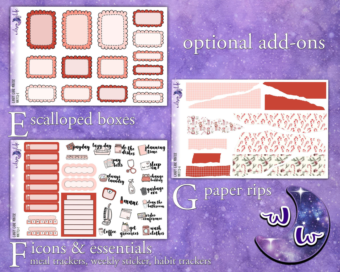 Candy Cane Winter weekly sticker kit, STANDARD VERTICAL format, a la carte and bundle options. WW772