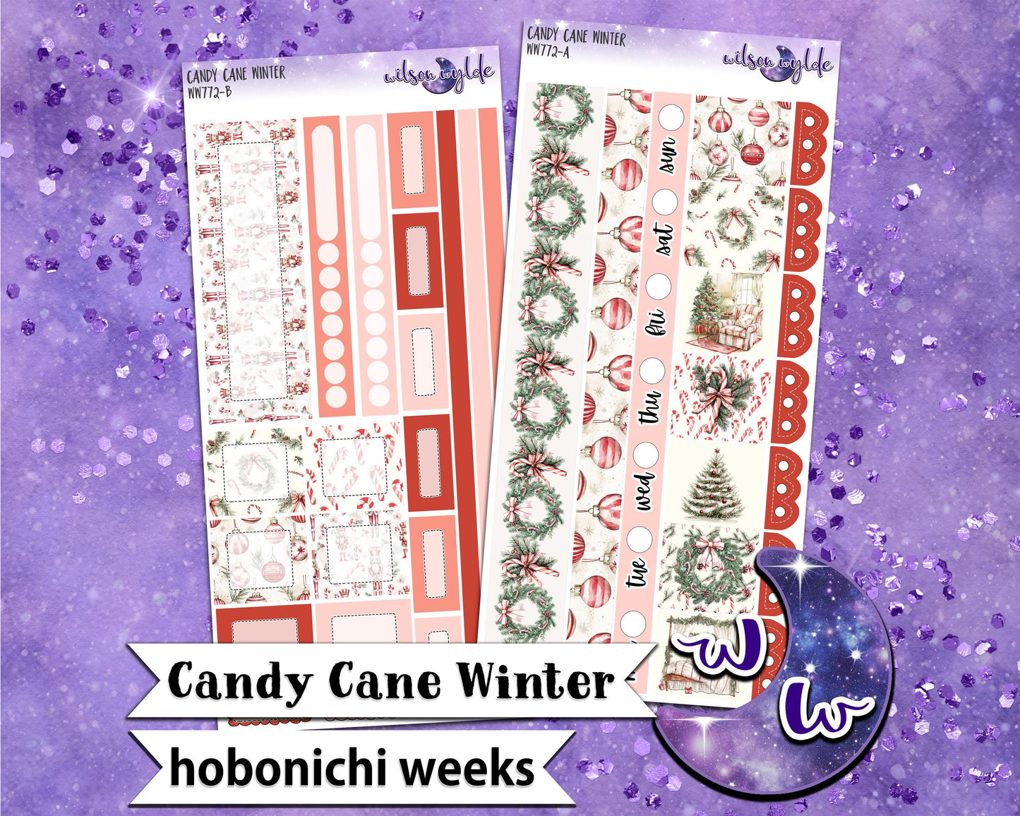 Candy Cane Winter weekly sticker kit, HOBONICHI WEEKS format, a la carte and bundle options. WW772