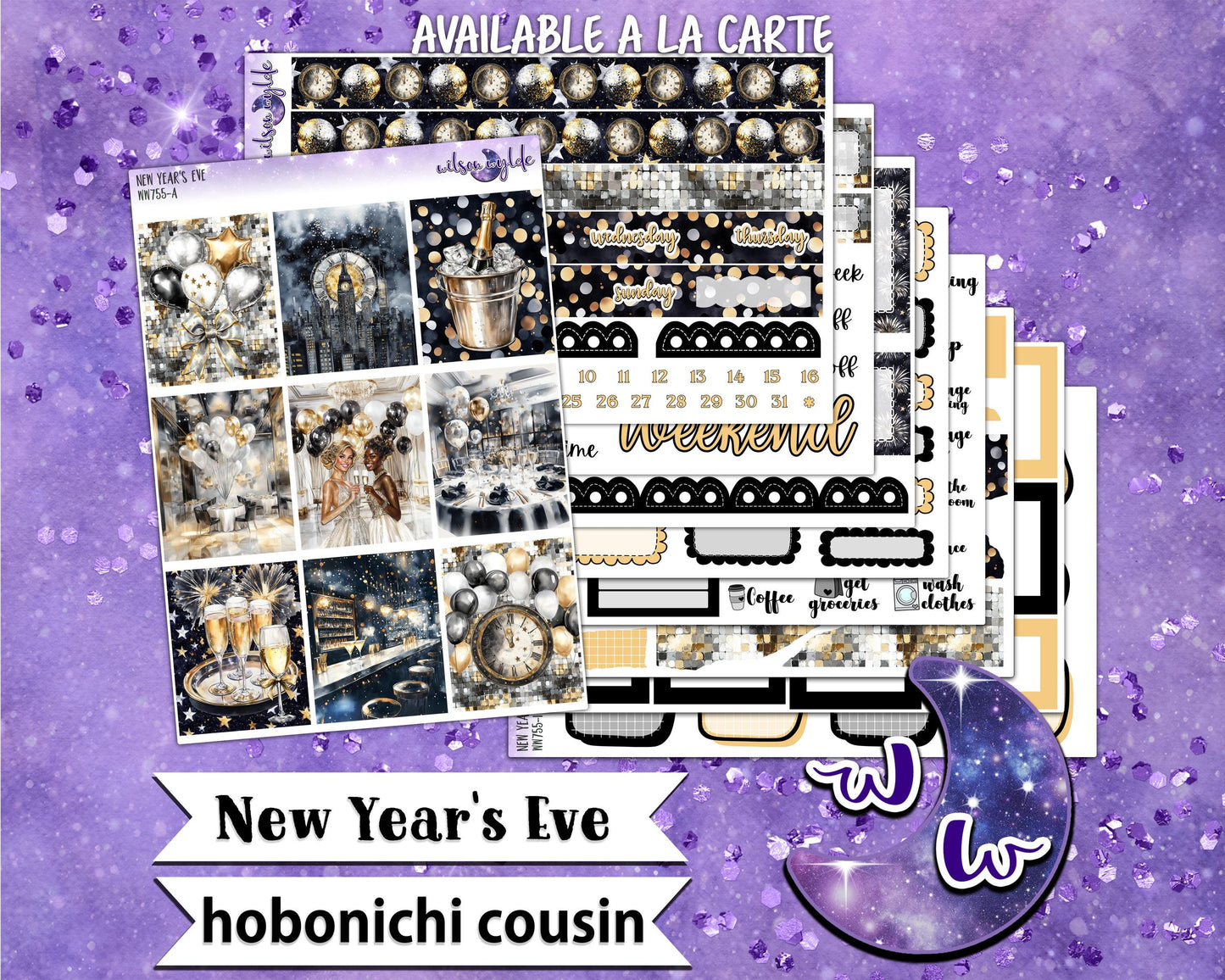 New Year's Eve weekly sticker kit, HOBONICHI COUSIN format, a la carte and bundle options. WW775