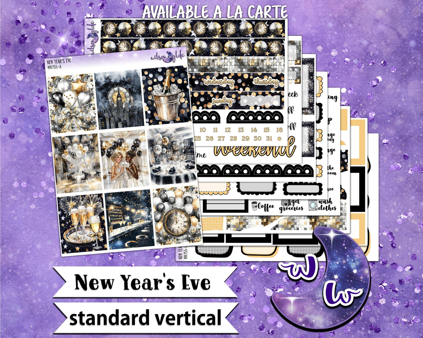 New Year's Eve weekly sticker kit, STANDARD VERTICAL format, a la carte and bundle options. WW775