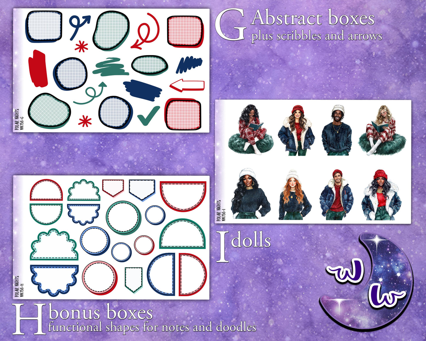 Polar Nights journaling sticker kit, northern lights, a la carte and bundle options. WW756