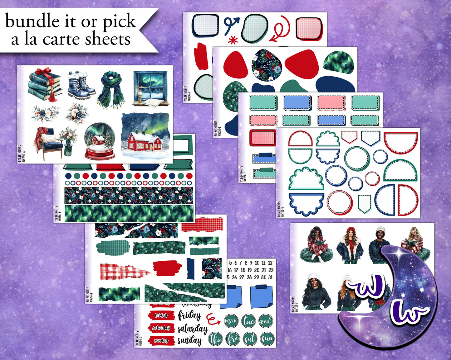 Polar Nights journaling sticker kit, northern lights, a la carte and bundle options. WW756