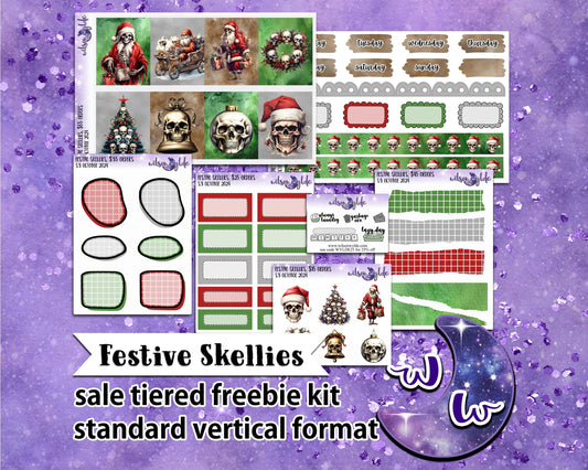 Festive Skellies, tiered freebie kit, standard vertical format. 7 planner sticker sheets, includes deco, full and appointment boxes.