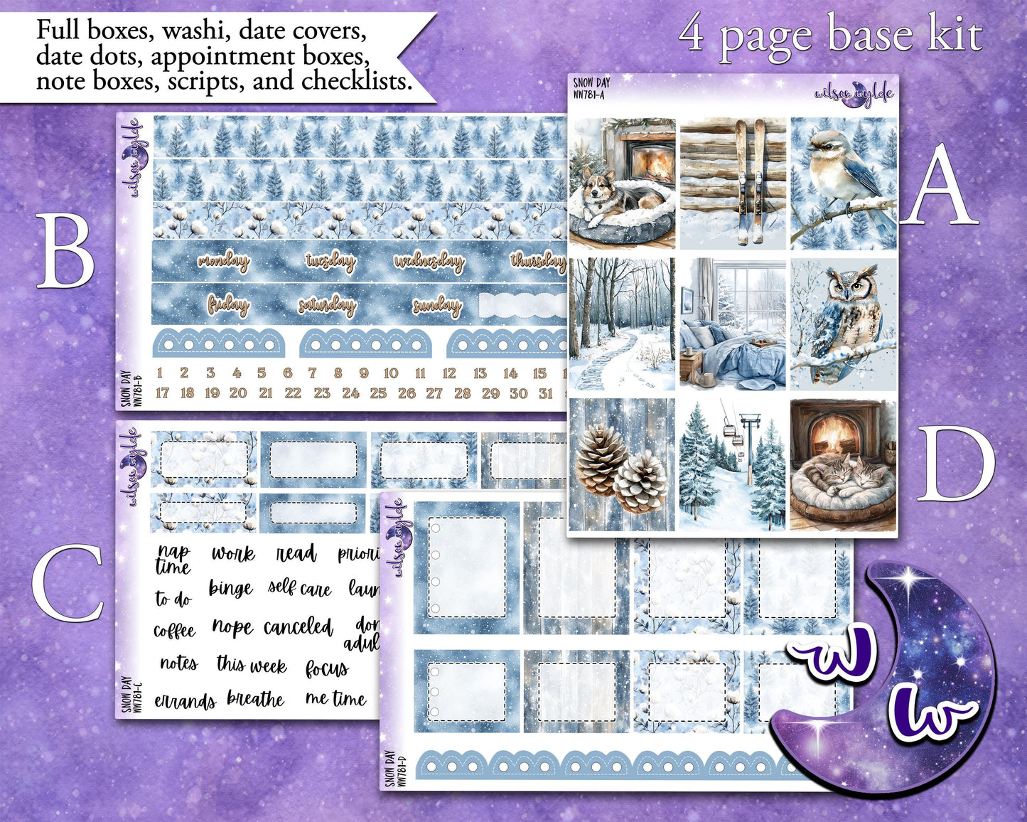 Snow Day weekly sticker kit, HOBONICHI COUSIN format, a la carte and bundle options. WW781