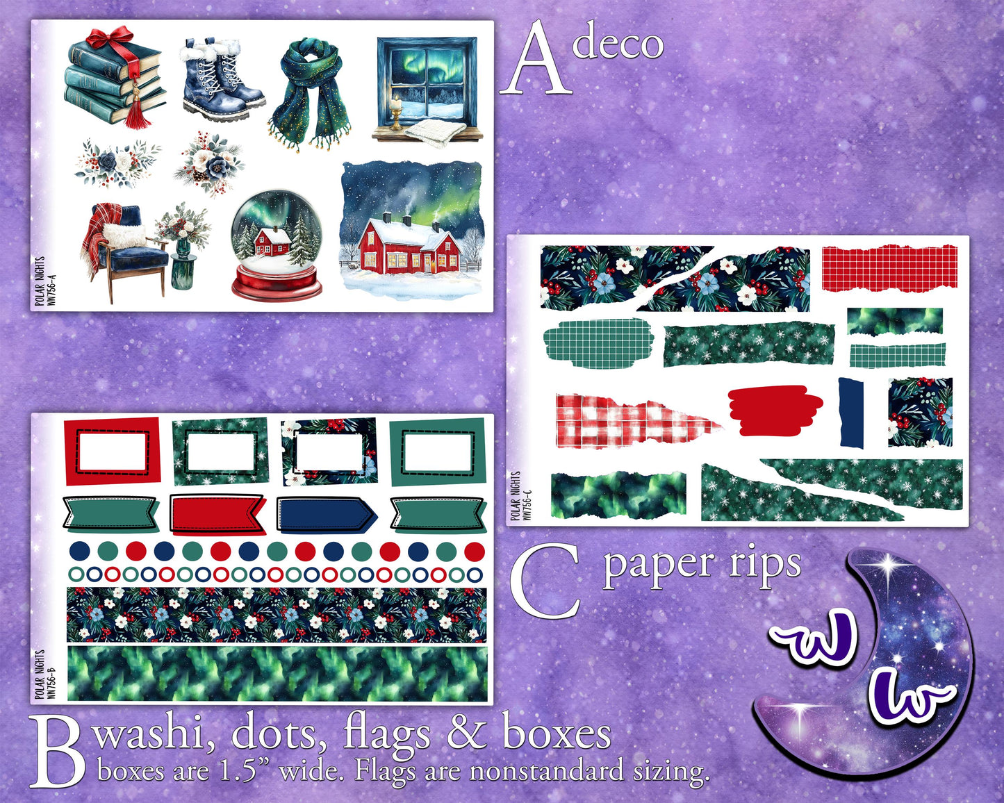 Polar Nights journaling sticker kit, northern lights, a la carte and bundle options. WW756