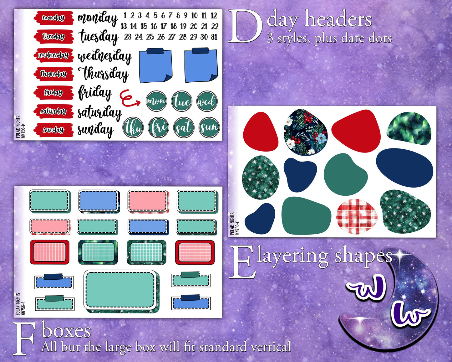 Polar Nights journaling sticker kit, northern lights, a la carte and bundle options. WW756