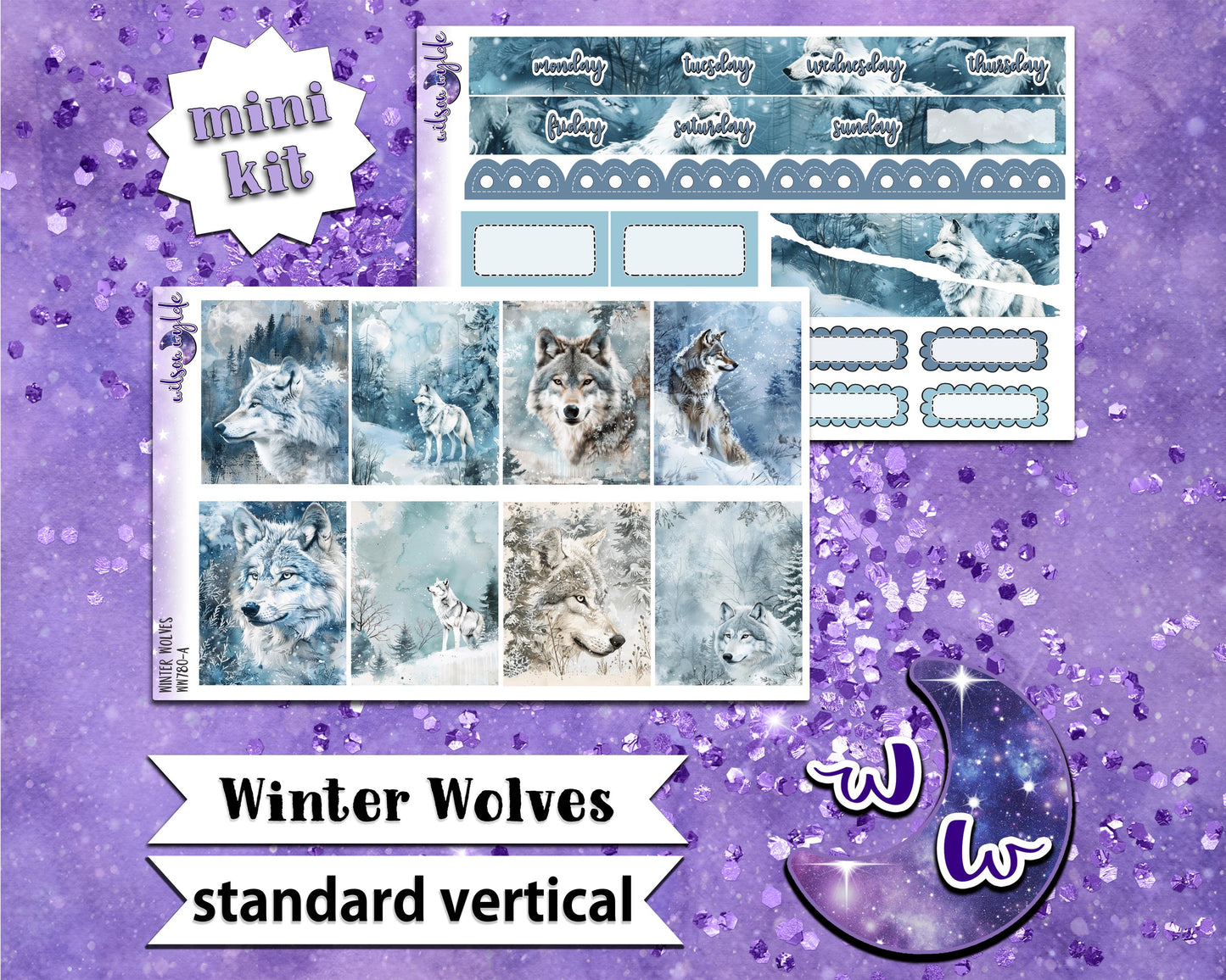 Winter Wolves mini weekly sticker kit, STANDARD VERTICAL format, a la carte and bundle options. WW780