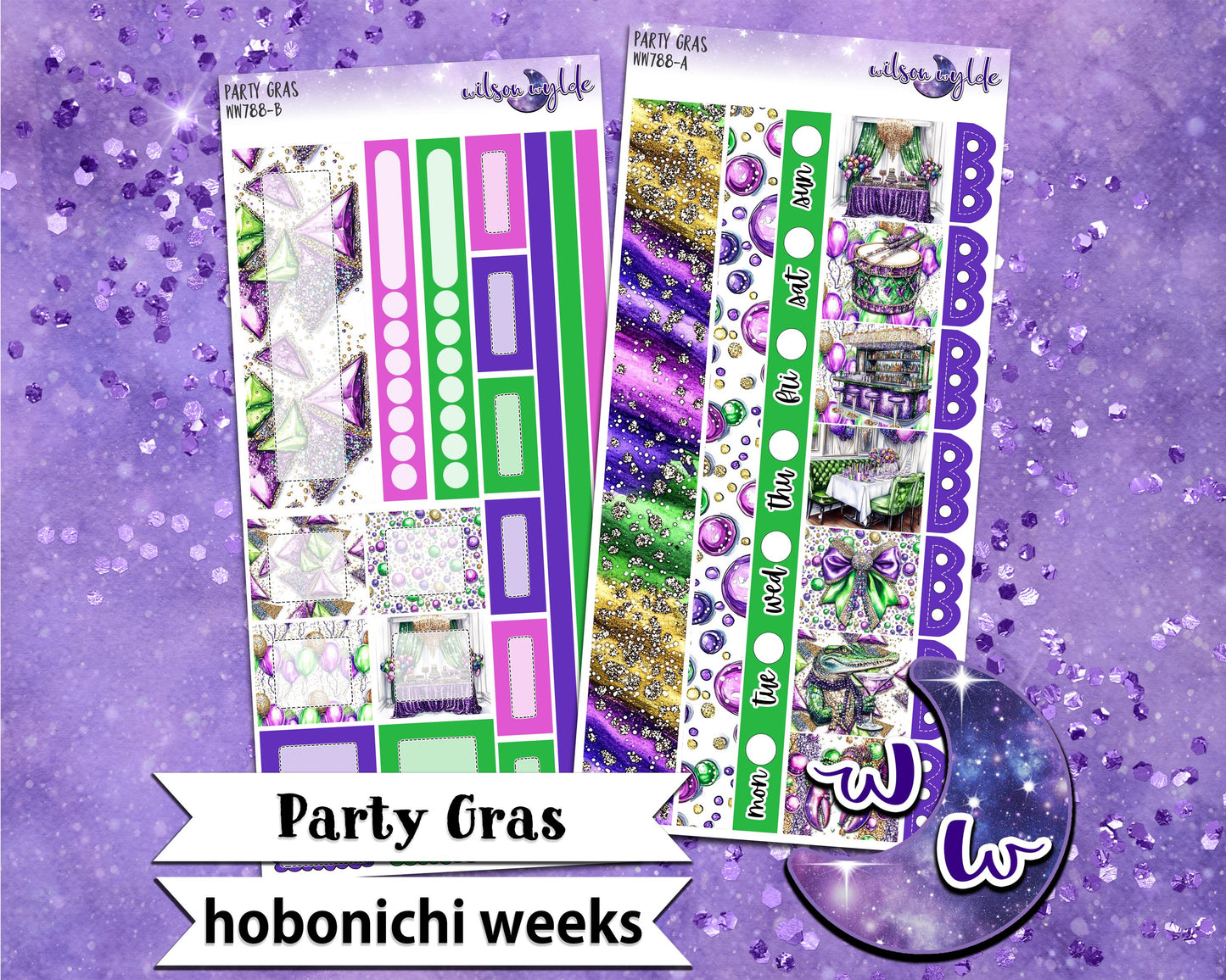 Party Gras weekly sticker kit, HOBONICHI WEEKS format, a la carte and bundle options. WW788
