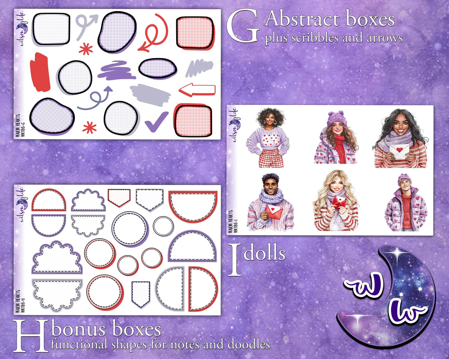 Warm Hearts journaling sticker kit, northern lights, a la carte and bundle options. WW786