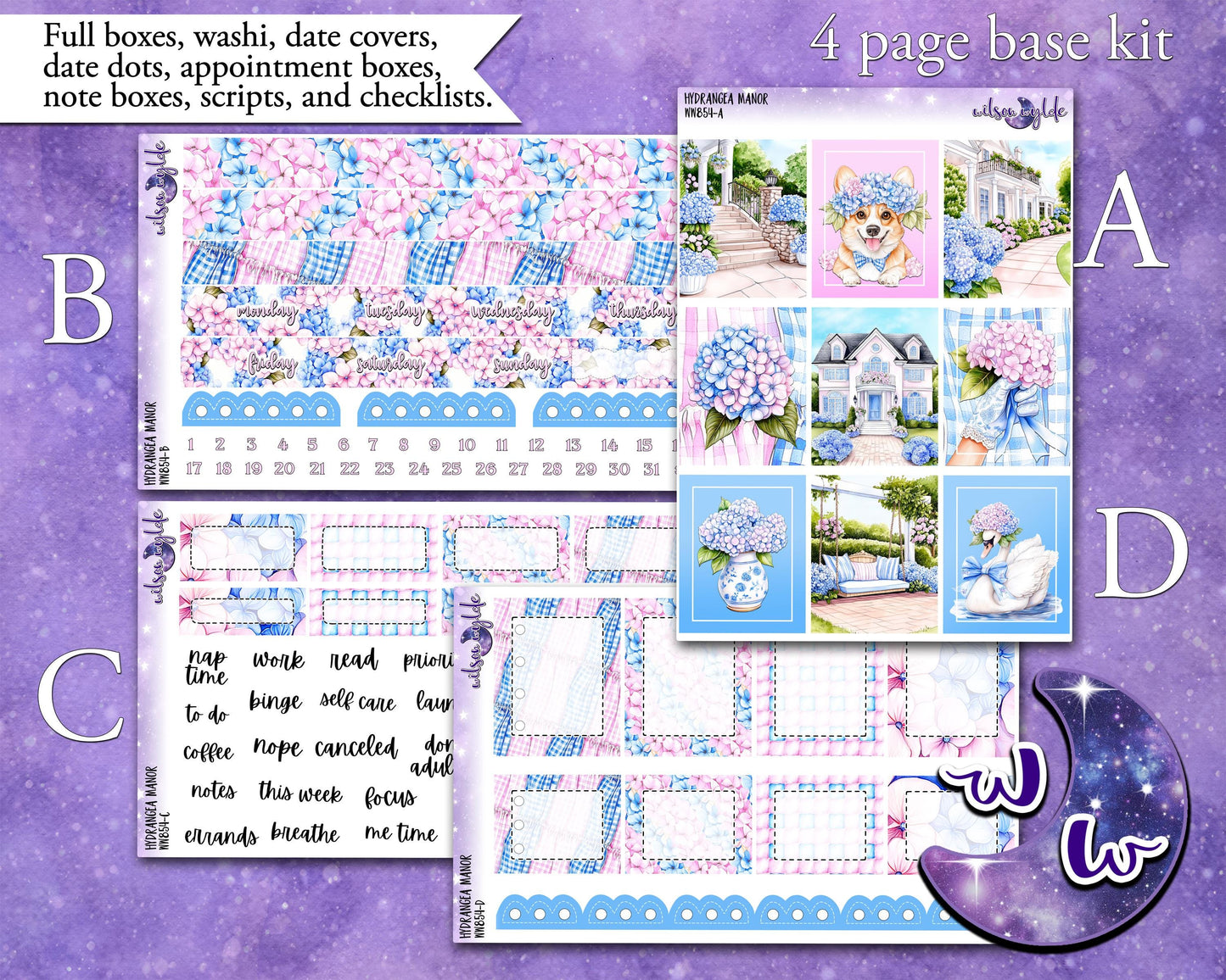 Hydrangea Manor weekly sticker kit, HOBONICHI COUSIN format, a la carte and bundle options. WW854