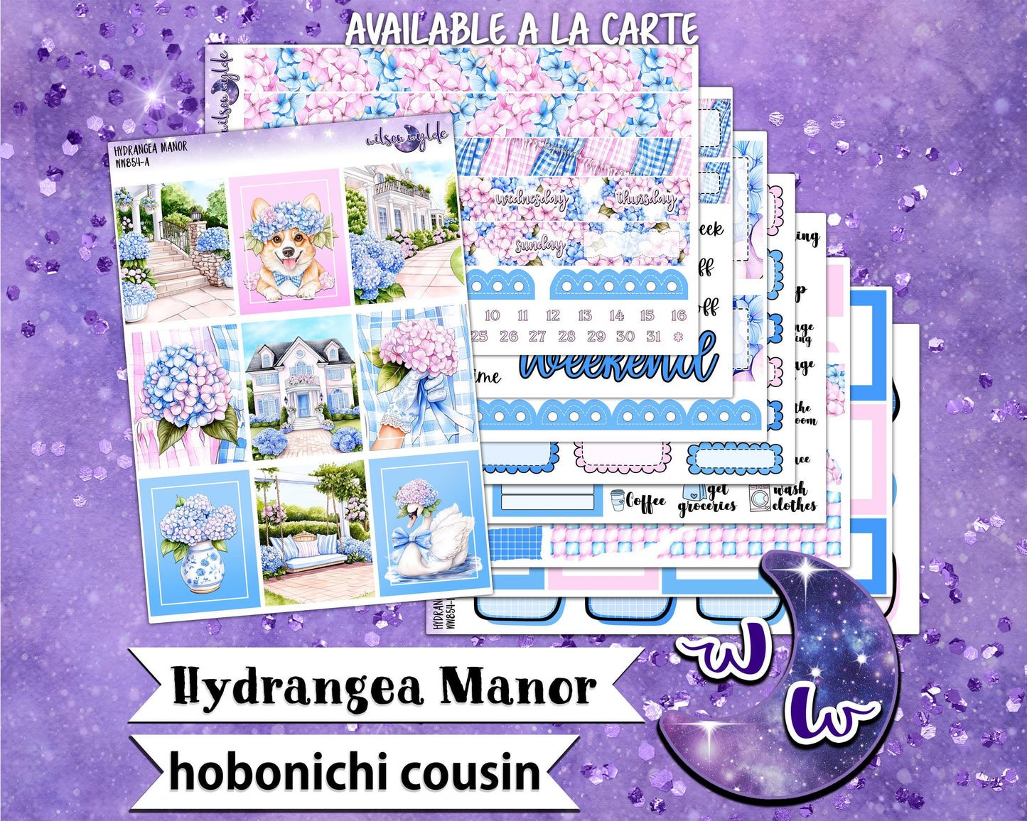 Hydrangea Manor weekly sticker kit, HOBONICHI COUSIN format, a la carte and bundle options. WW854