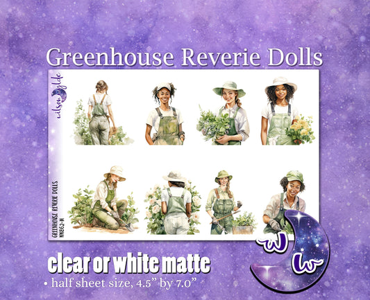 Greenhouse Reverie dolls deco planner stickers, Matte or frosted clear. Gardening, green thumb WW862