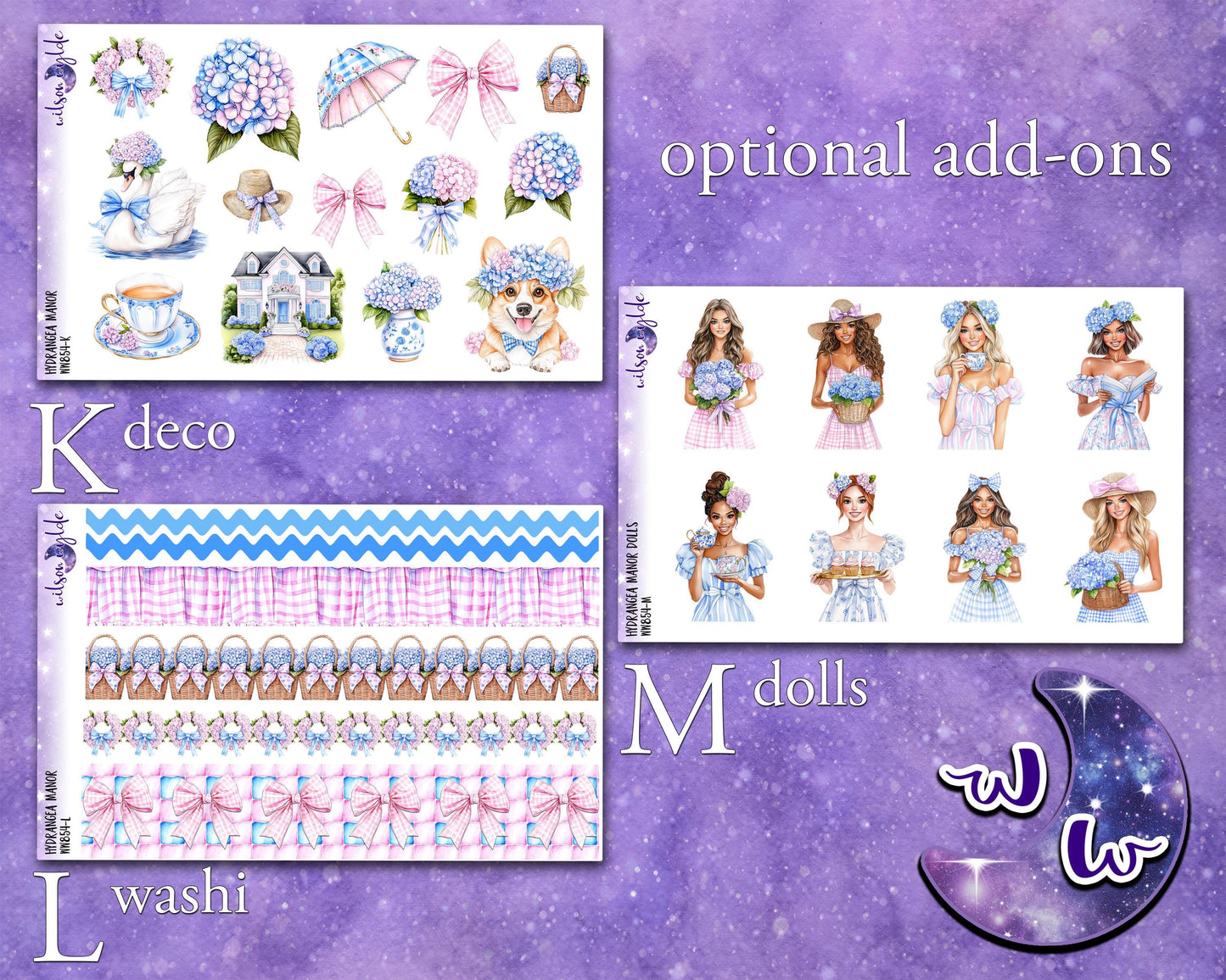 Hydrangea Manor weekly sticker kit, HOBONICHI COUSIN format, a la carte and bundle options. WW854