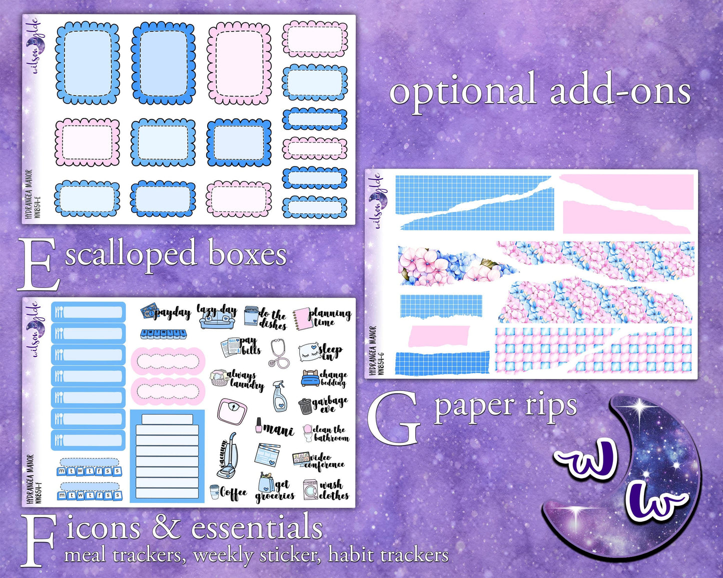 Hydrangea Manor weekly sticker kit, HOBONICHI COUSIN format, a la carte and bundle options. WW854