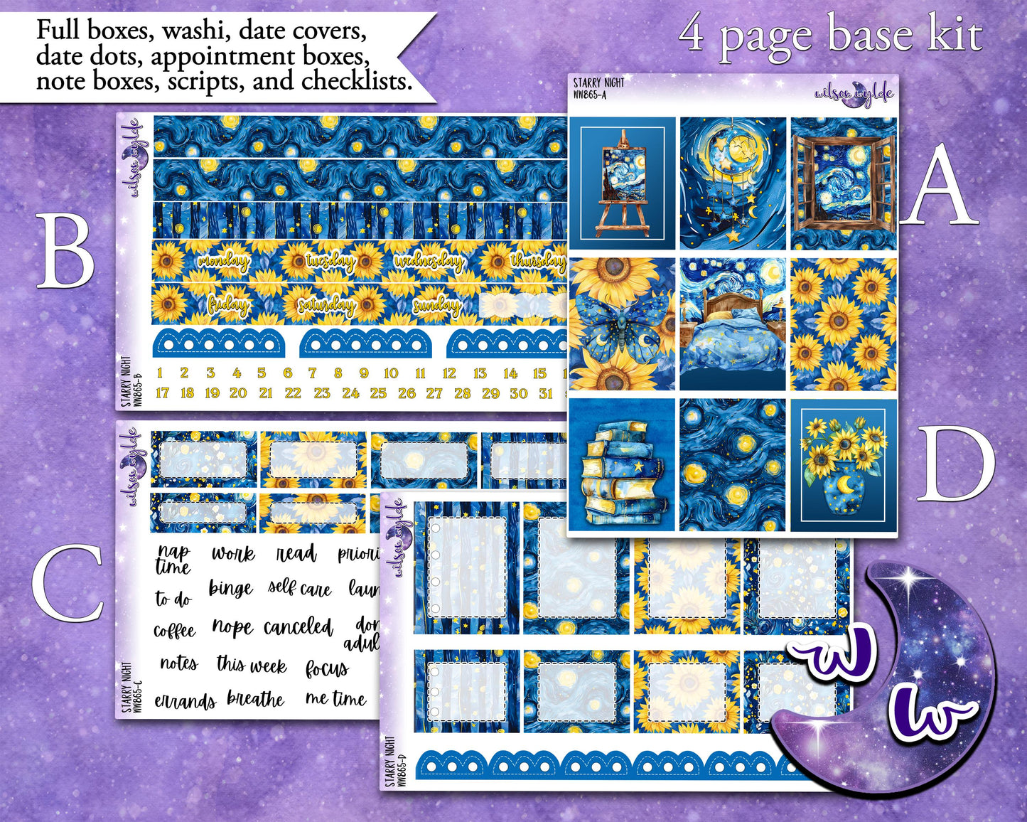 Starry Night weekly sticker kit, STANDARD VERTICAL format, a la carte and bundle options. Van Gogh, sunflowers, WW868