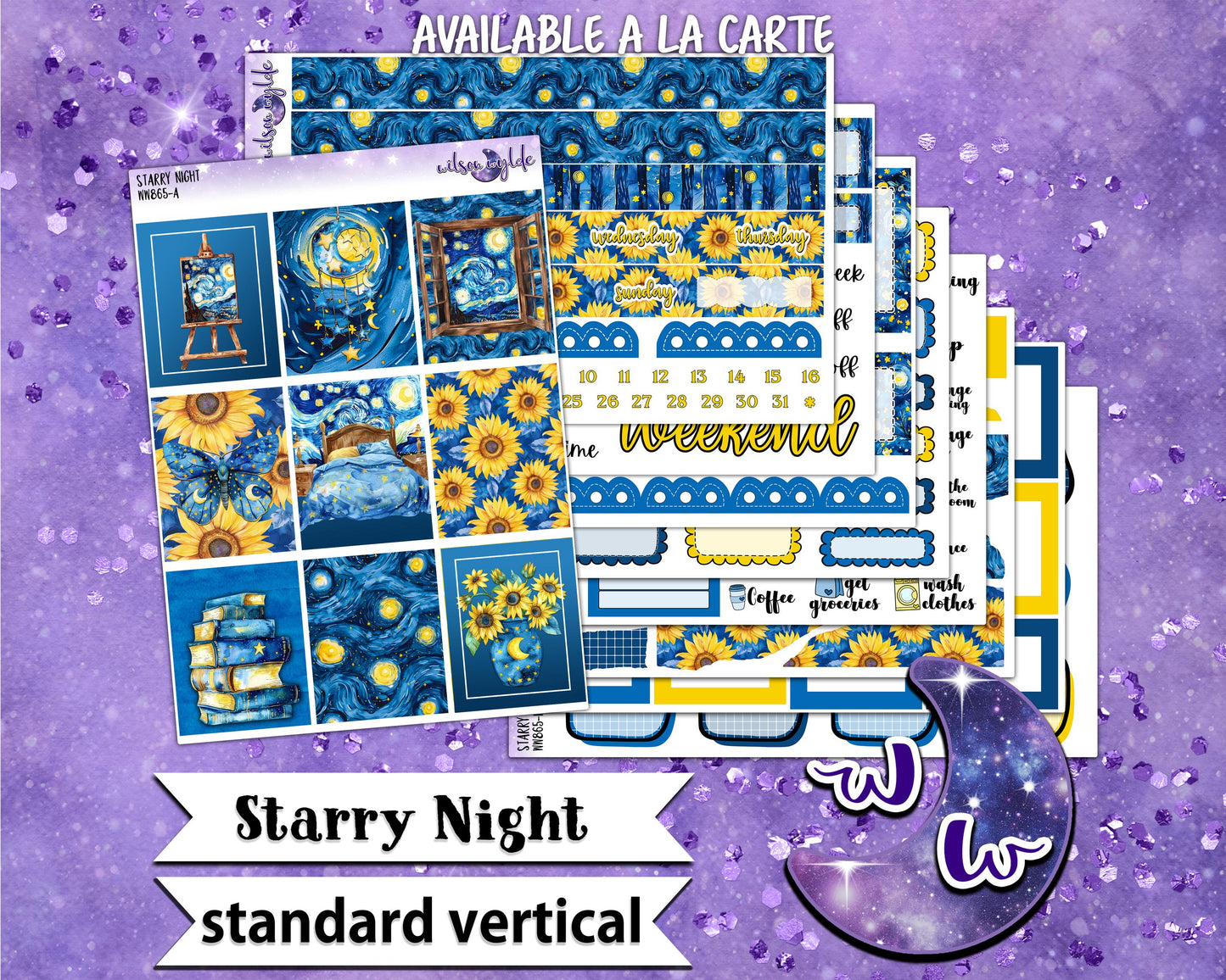Starry Night weekly sticker kit, STANDARD VERTICAL format, a la carte and bundle options. Van Gogh, sunflowers, WW868