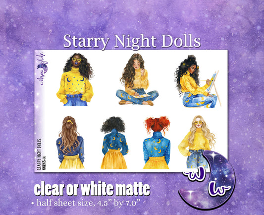 Starry Night dolls deco planner stickers, Matte or frosted clear. WW868