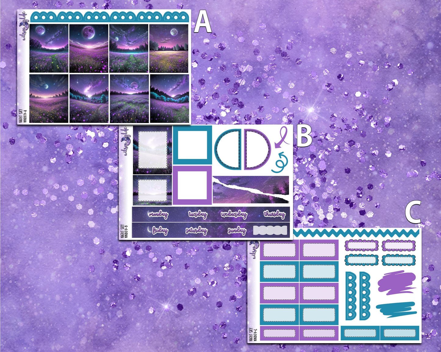 Night Sky mini weekly sticker kit, Cousin or Standard Vertical format, a la carte and bundle options. WW869