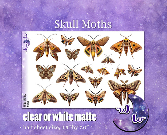 Skull Moths deco planner stickers, Matte or frosted clear. WW870