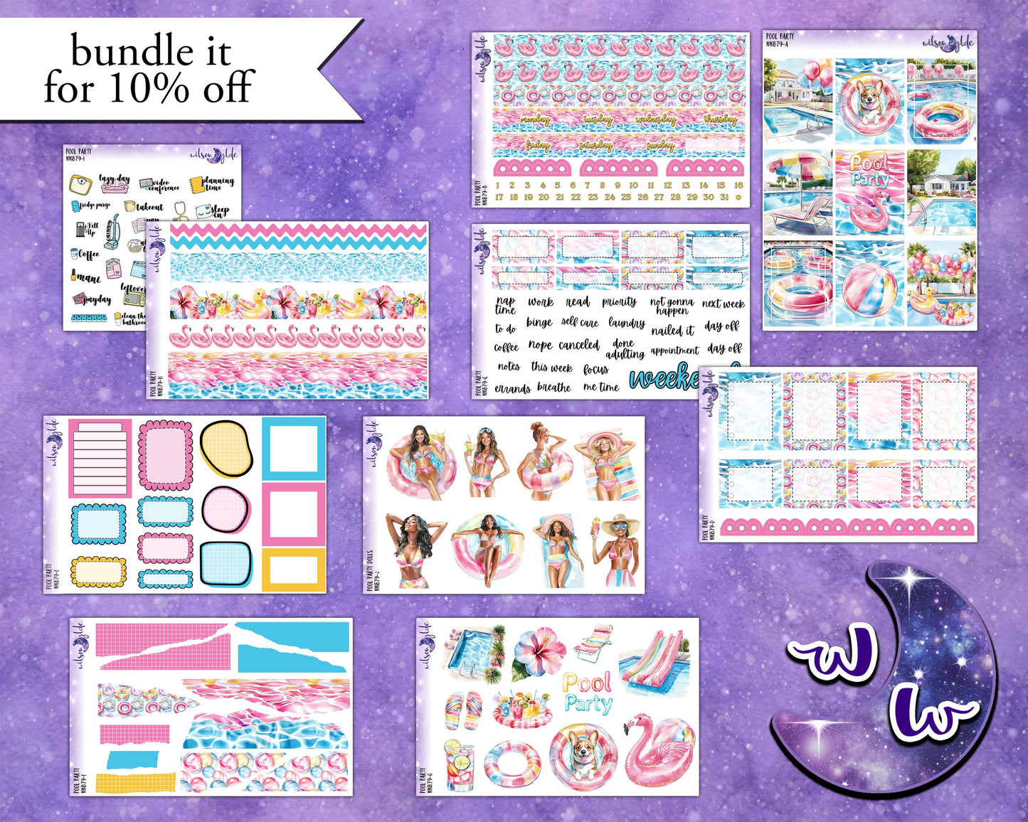 Pool Party weekly sticker kit, STANDARD VERTICAL format, a la carte and bundle options. WW879