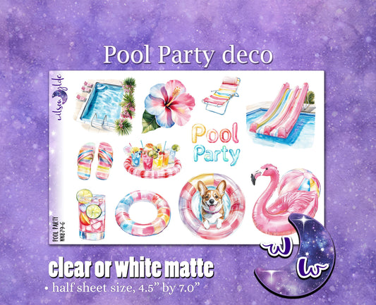 Pool Party deco planner stickers, Matte or frosted clear. WW879