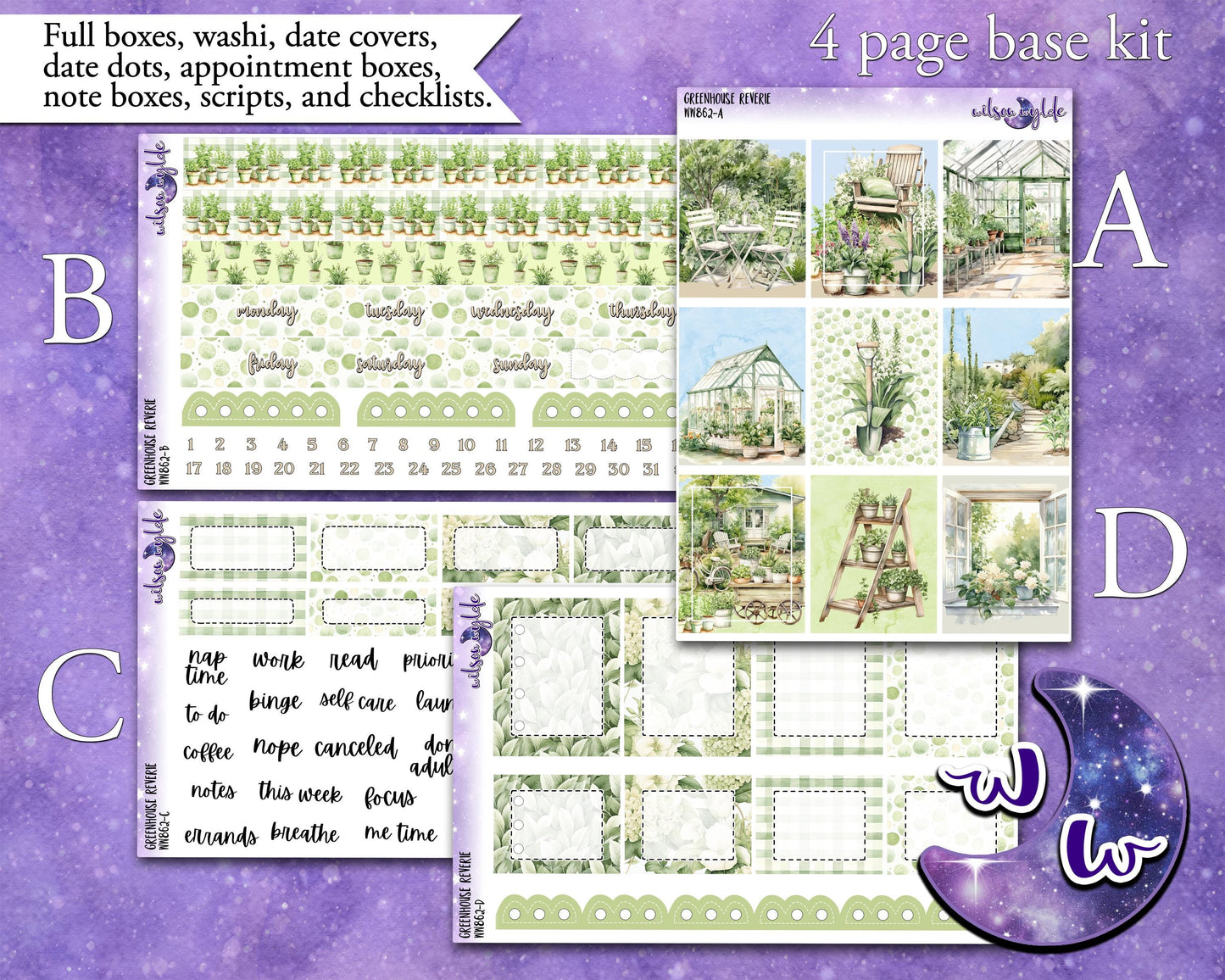 Greenhouse Reverie weekly sticker kit, HOBONICHI COUSIN format, a la carte & bundle options. Gardening, green thumb, WW862