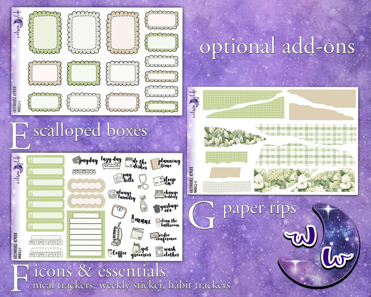 Greenhouse Reverie weekly sticker kit, HOBONICHI COUSIN format, a la carte & bundle options. Gardening, green thumb, WW862