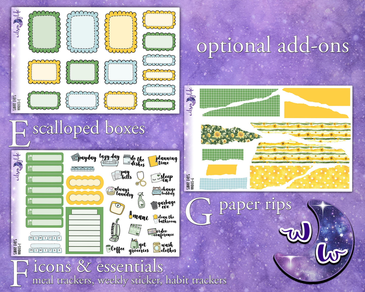 Sunny Days weekly sticker kit, HOBONICHI COUSIN format, a la carte and bundle options. WW865