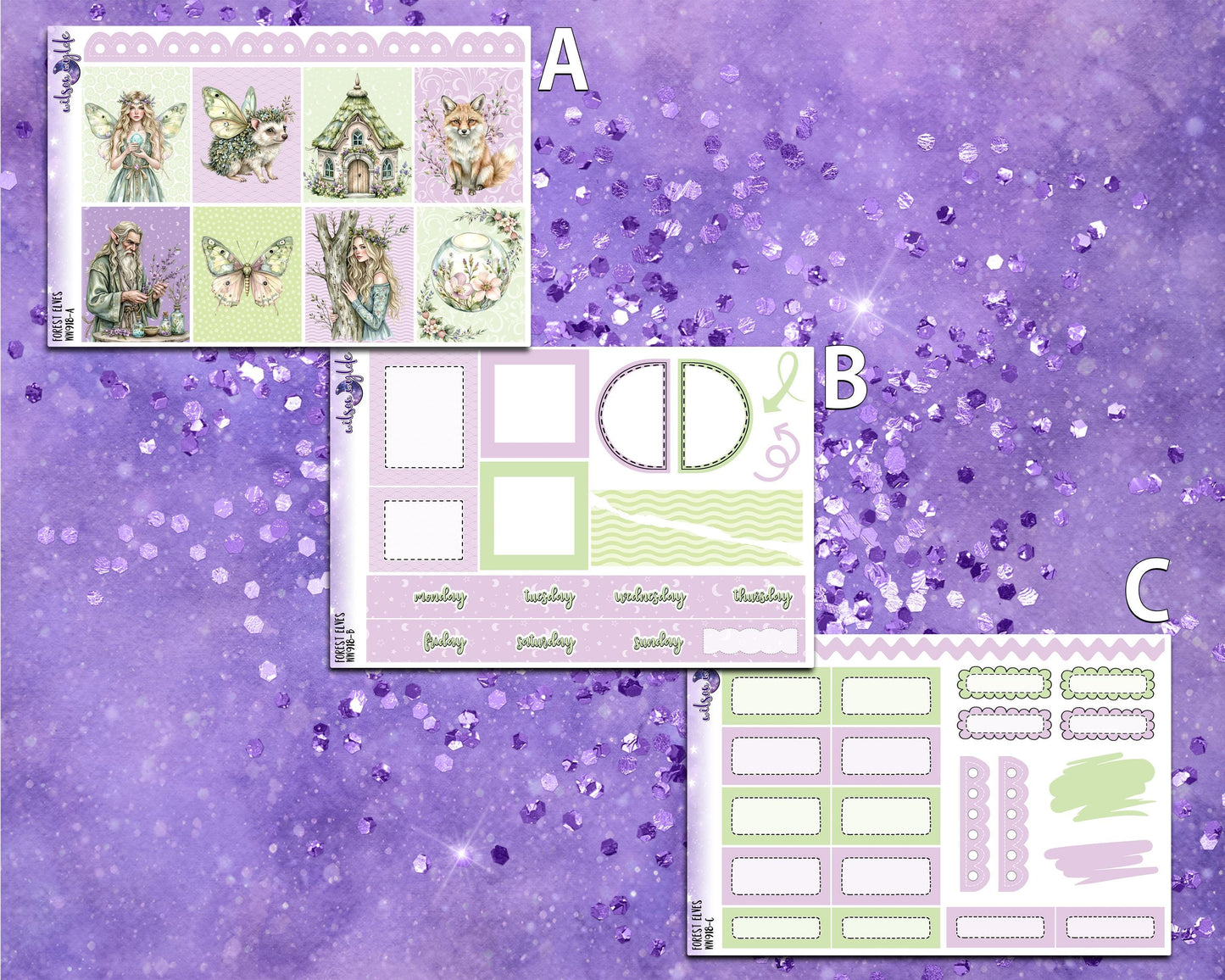Forest Elves mini weekly sticker kit, Cousin or Standard Vertical format, a la carte and bundle options. WW918