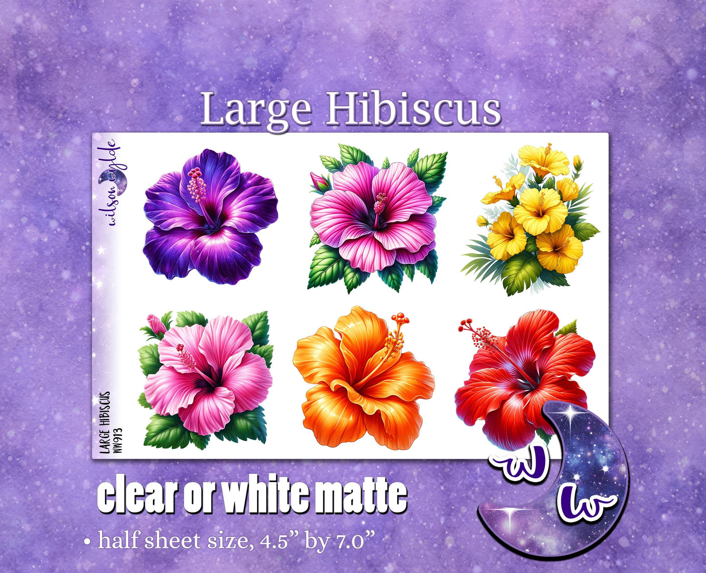 Large Hibiscus deco planner stickers, Matte or frosted clear. WW913