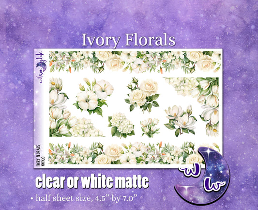 Ivory Florals deco planner stickers, Matte or frosted clear. WW920
