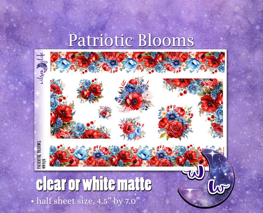 Patriotic Blooms deco planner stickers, Matte or frosted clear. WW924