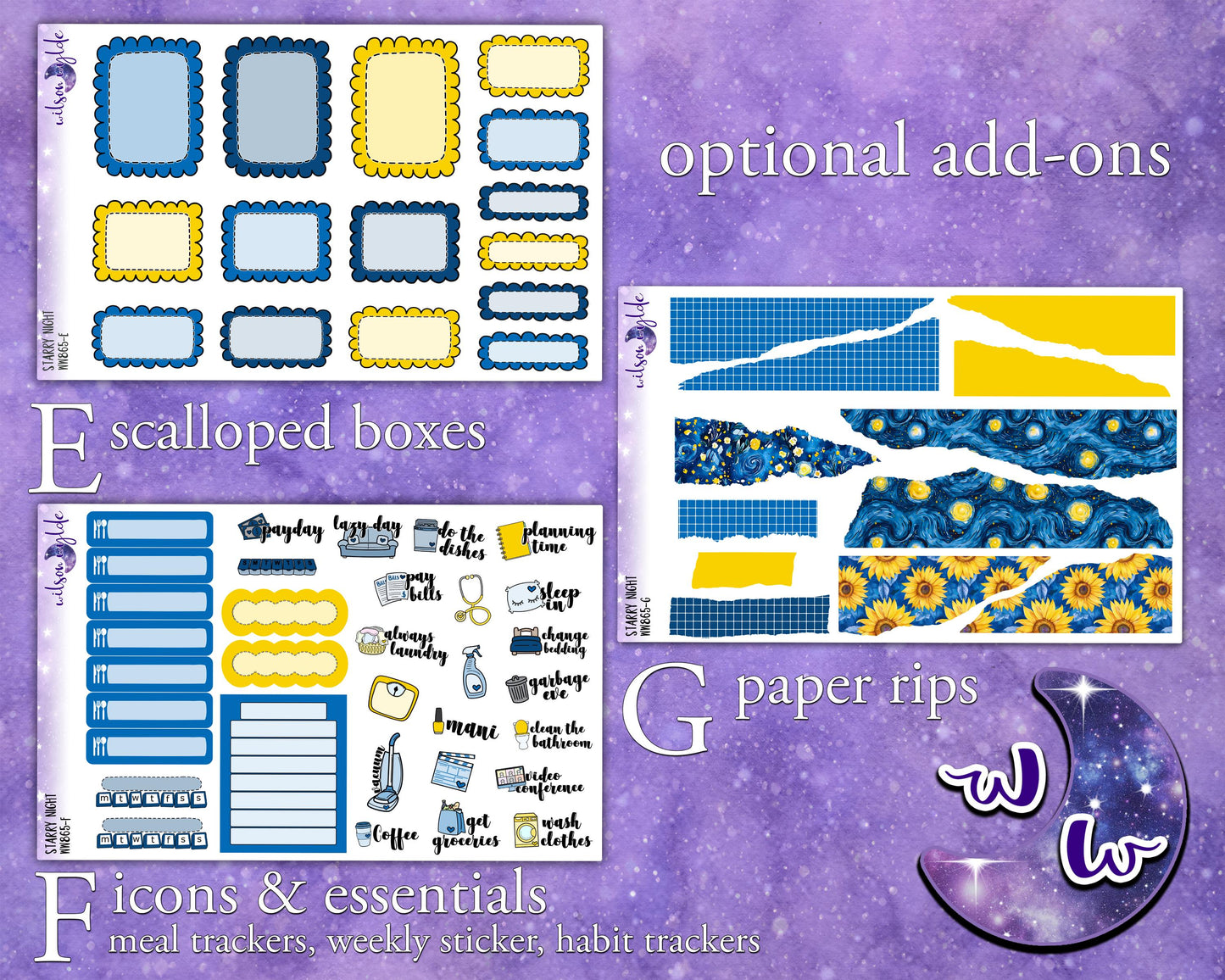Starry Night weekly sticker kit, STANDARD VERTICAL format, a la carte and bundle options. Van Gogh, sunflowers, WW868