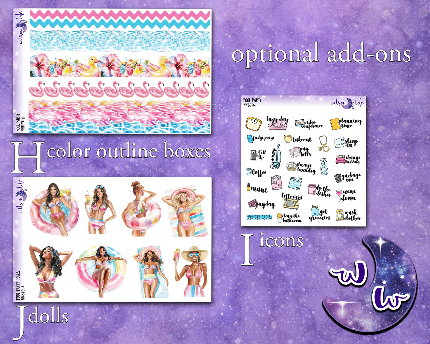 Pool Party weekly sticker kit, HOBONICHI COUSIN format, a la carte and bundle options. WW879