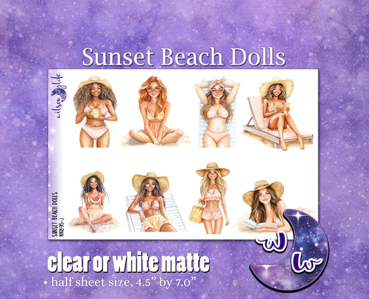 Sunset Beach dolls deco planner stickers, Matte or frosted clear. WW895