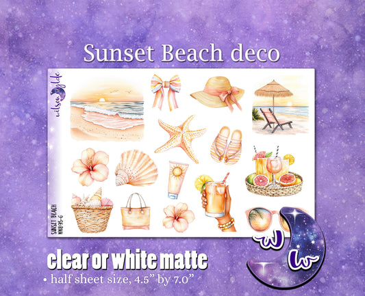 Sunset Beach deco planner stickers, Matte or frosted clear. WW895