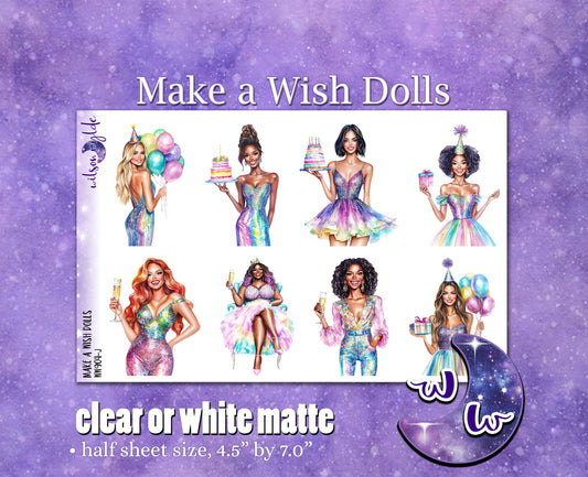 Make a Wish dolls deco planner stickers, Matte or frosted clear. happy birthday party WW904
