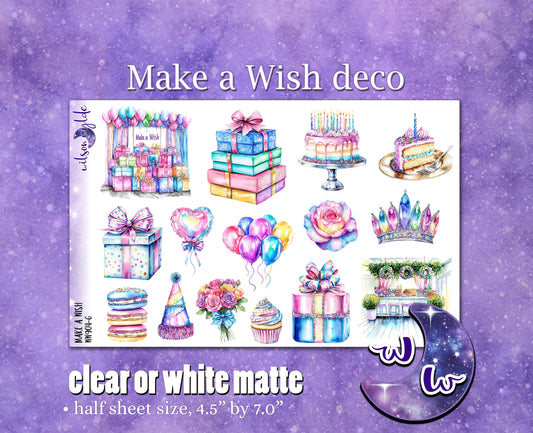 Make a Wish deco planner stickers, Matte or frosted clear. happy birthday party WW904