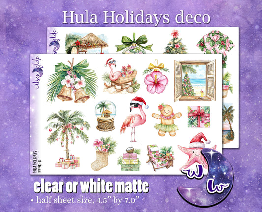 Hula Holidays deco planner stickers, Matte or frosted clear. Christmas in July WW910